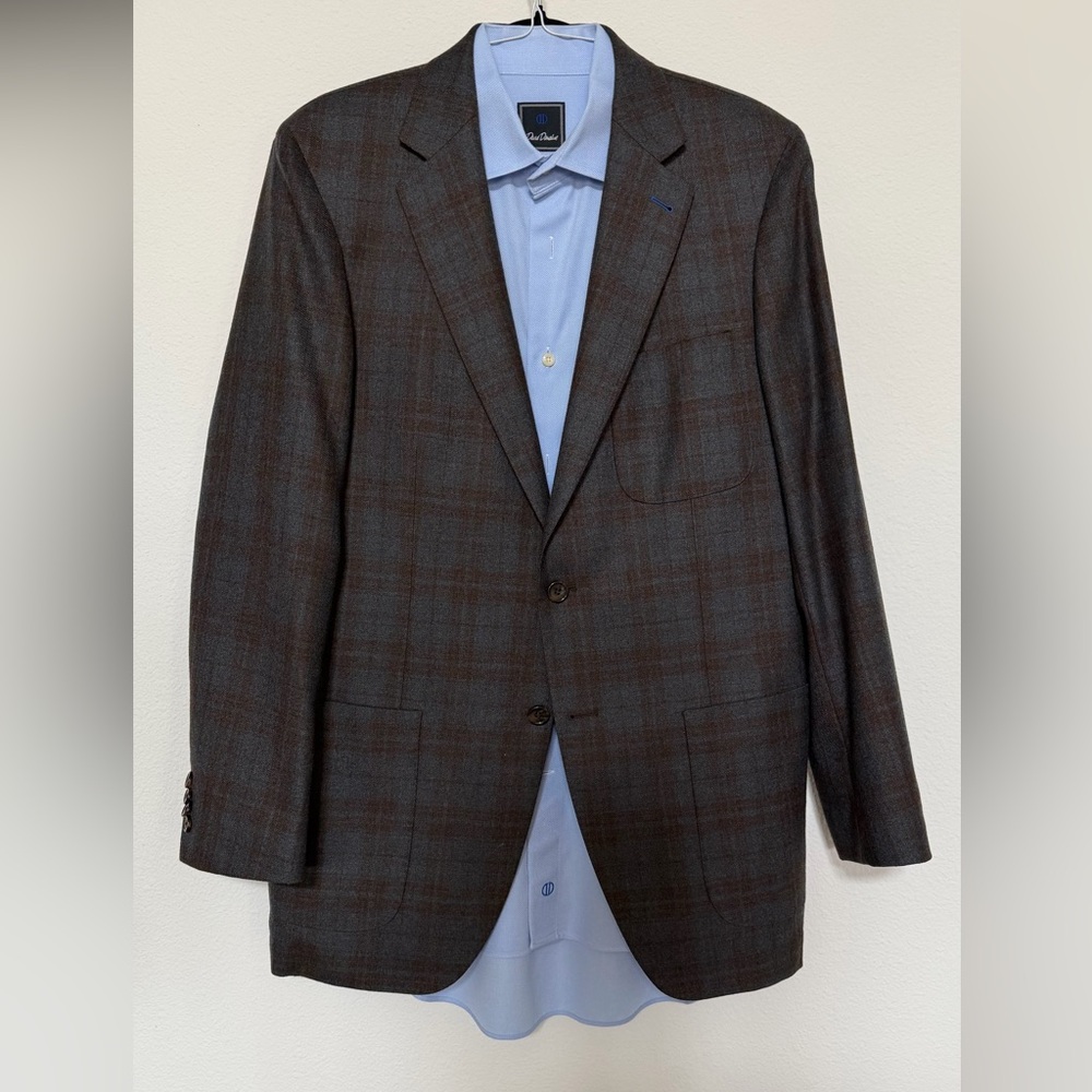 Peter Millar Brown Plaid Sport Coat with Subtle Blue Windowpane, Medium/40R